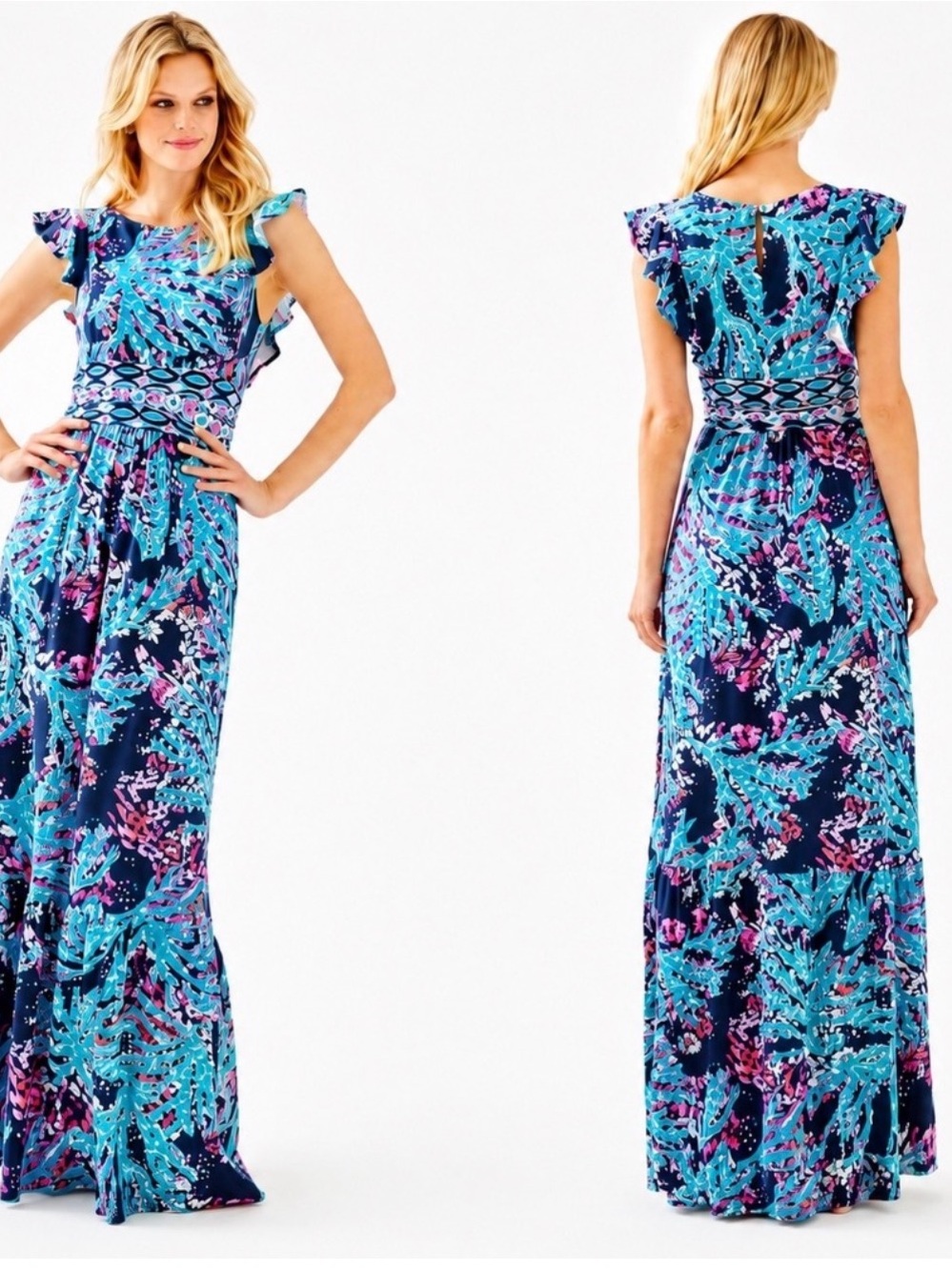 Lilly Pulitzer Navy and Aqua Floral Maxi Dress with Flutter Sleeves